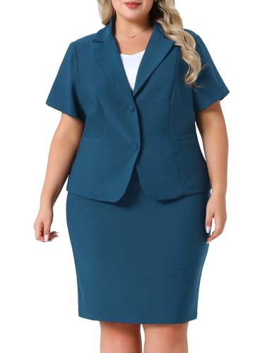Agnes Orinda Plus Size Women Blazer Suits Notch Lapel Short Sleeve Office Pencil Skirt Business Skirt Set