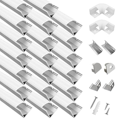 20-Pack 6.6ft/ 2Meter V Shape LED Aluminum Channel System with Milky Cover, End Caps and Mounting Clips, Aluminum Profile for LED Strip Light Installations, Very Easy Installation (20, Silver)