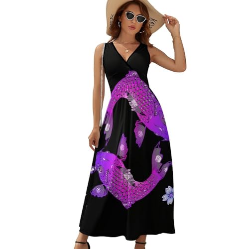 Robe Longue Violettes Imprimé Poisson sans Manches | Robe Maxi Éte - 6