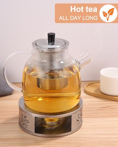 Teekanne mit Sieb und Stövchen, 1500 ml, aus Glas mit Holzdeckel, hitzebeständig, abnehmbarer Filter, modernes und elegantes Design