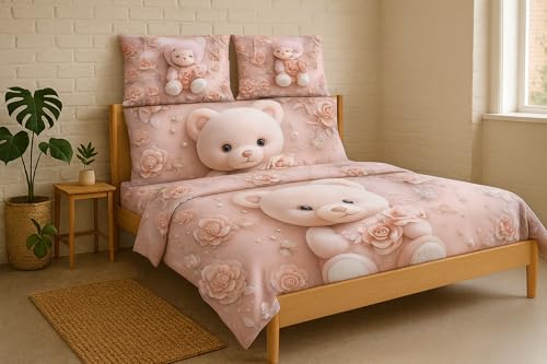 Image of King Size 7D Digital Print Bedsheet - 350 TC Cotton, Kids Friendly Design, Soft & Breathable 180 GSM Fabric, Machine Washable, Gift-Ready Packaging. (108x108 Inches). (Pink Teddy)