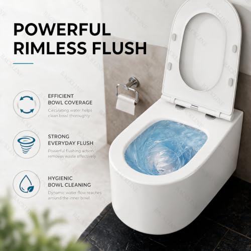 Image of Backline Luxe Rimless Wall Hung Western toilet Commode for Bathroom | Wall Mount P Trap Water Closet Water Saving Commode | UF Heavy-Duty Soft-Close Seat Cover | 7-Year Warranty