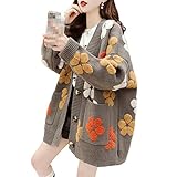 Women Korean Flower Kimono Cardigan Fall Winter Warm Knitted Sweater Preppy Retro Loose Casual Sweatshirt Outerwear (Grey,One Size)