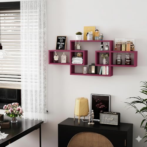 Image of Wooden Wall Shelves for Living Room, Bedroom Wall Mounted Rectangle Bookcase, Intersecting Wall Shelves for Storage Modern Decorative Display Shelves for Wall Decor (Pink)