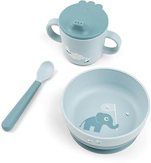 Done by Deer Foodie First Meal Set with Suction Base – Elphee – Blue – 3-Piece Baby Feeding Set with Bowl, Spout Cup & Spoon – Elephant Motif – Microwave & Dishwasher Safe