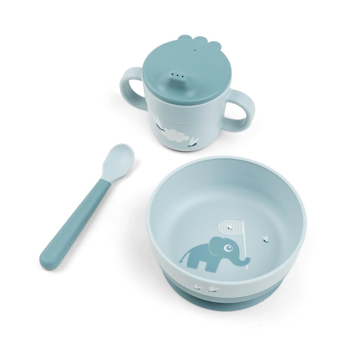 Done by Deer Foodie First Meal Set with Suction Base – Elphee – Blue – 3-Piece Baby Feeding Set with Bowl, Spout Cup & Spoon – Elephant Motif – Microwave & Dishwasher Safe