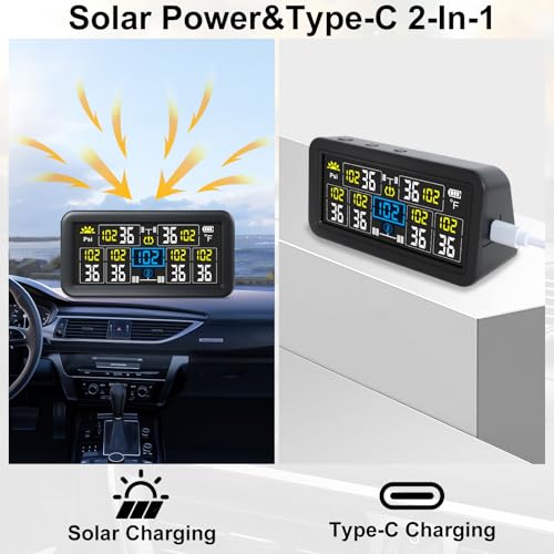 Rv Tire Pressure Monitoring System, Tire Pressure Monitor with Solar/USB Charge, 0-9.9BAR/144PSI TPMS with 6 Sensors & 6 Alarm Modes, Real-time Color LCD Display for RV Trailer Truck SUV - Image 4