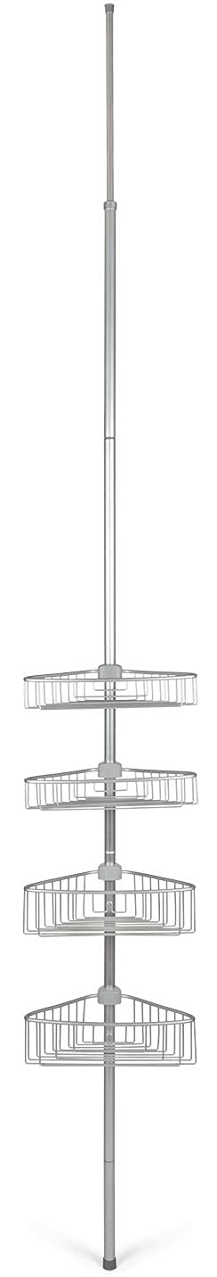 Kreher Teleskop-Duschregal Badregal Aluminium, ohne Bohren (Silber) | Rostfrei und höhenverstellbar bis 270 cm, einfache Montage per Federsystem, 4 verstellbare Körbe