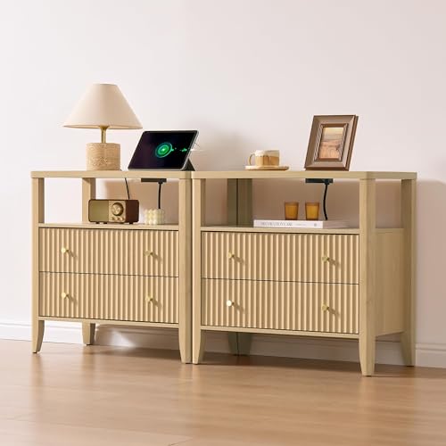 Image of Fluted Nightstand with Charging Station Set of 2, 27.3 inch Wide Modern Bedside Table with 2 Drawers & Open Shelf, Large Wood End Table with Storage & Metal Handle for Bedroom, Natural Wood