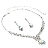 Silver Crystal Rhinestone with Large Aurora Borealis Teardrop Center Necklace and Matching Dangle Earrings Jewelry Set