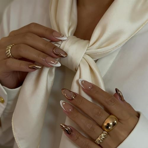 Image of Gold Chrome Press on Nails Almond Shape | Glossy Nude French Tip False Nails with 3D Metal Design & Rhinestones | Press On Nails Kit for Women And Girls Fake Nail Extension | Reusable Nail Extension For Women With Glue Tab | Long Lasting Glossy Finish Artificial Nails | Easy to Apply Fake Nails for Salon Look at Home | Stick-On Manicure Kit For Parties, Weddings And Gifts | Trendy Nail Art Set for All Occasions (Peach-GoldChrome)