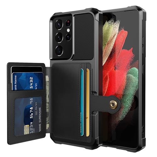 Tcaraersing for Samsung Galaxy S21 Ultra Case with Card Holder Compatible with Magnetic Car Mount Heavy Duty Shockproof Rugged Soft TPU Back Leather Flip Wallet Cover 6.8 inch Black