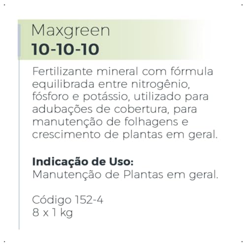 Fertilizante Maxgreen 10-10-10, Adubo Mineral, NPK Equilibrado, Uso Universal, Pacote Pouch, 500g