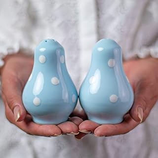 City to Cottage® Light Sky Blue and White | Polka Dot Spotty | Handmade Hand Painted | Ceramic Salt and Pepper Pots | Shaker | Cruet Set | Holder
