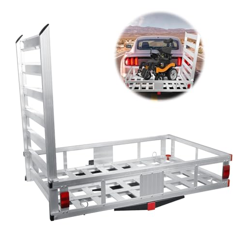 Aluminum Hitch Cargo Carrier with Ramp - 500-Lb Capacity Silver,Trailer Aluminum Cargo Basket Luggage Carrier Rack, for Cars Truck Pickup Vans, 50