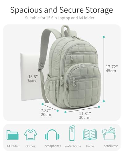 Image of Bookbag for Women, Teen Girls Backpack for High School College Student, Puffer Quilted Back Pack Cute Laptop Backpack for Work Travel Mom Casual Daypack, Green