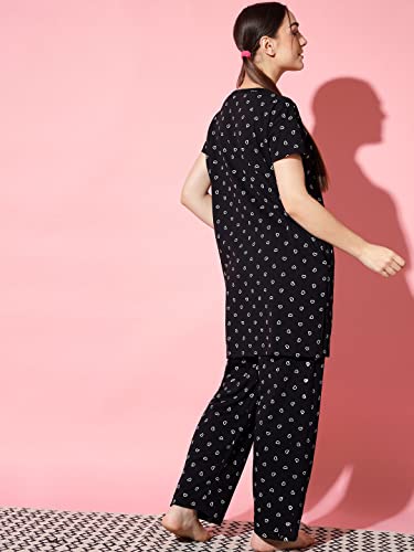 Image of Printed Round Neck Short Sleeve Nightsuit Set | Casual Night Dress for Women