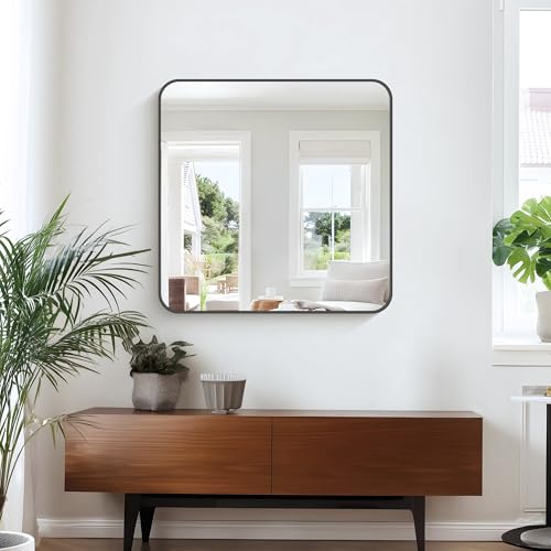 Image of KOCUUY Bathroom Mirror 30 inchx30 inch, Black Square Mirrors for Over Sink, Modern Vanity Mirror with Rounded Corner Metal Frame, Shatterproof Designed Wall Mirror for Bedroom, Living Room, Entryway