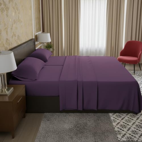 Image of Elegant Comfort Luxury 1500 Premium Hotel Quality Microfiber 5-Piece Sheet Set - Wrinkle Resistant, All Around Elastic Fitted Sheet, Deep Pocket up to 16 inch, Split King, Eggplant-Purple