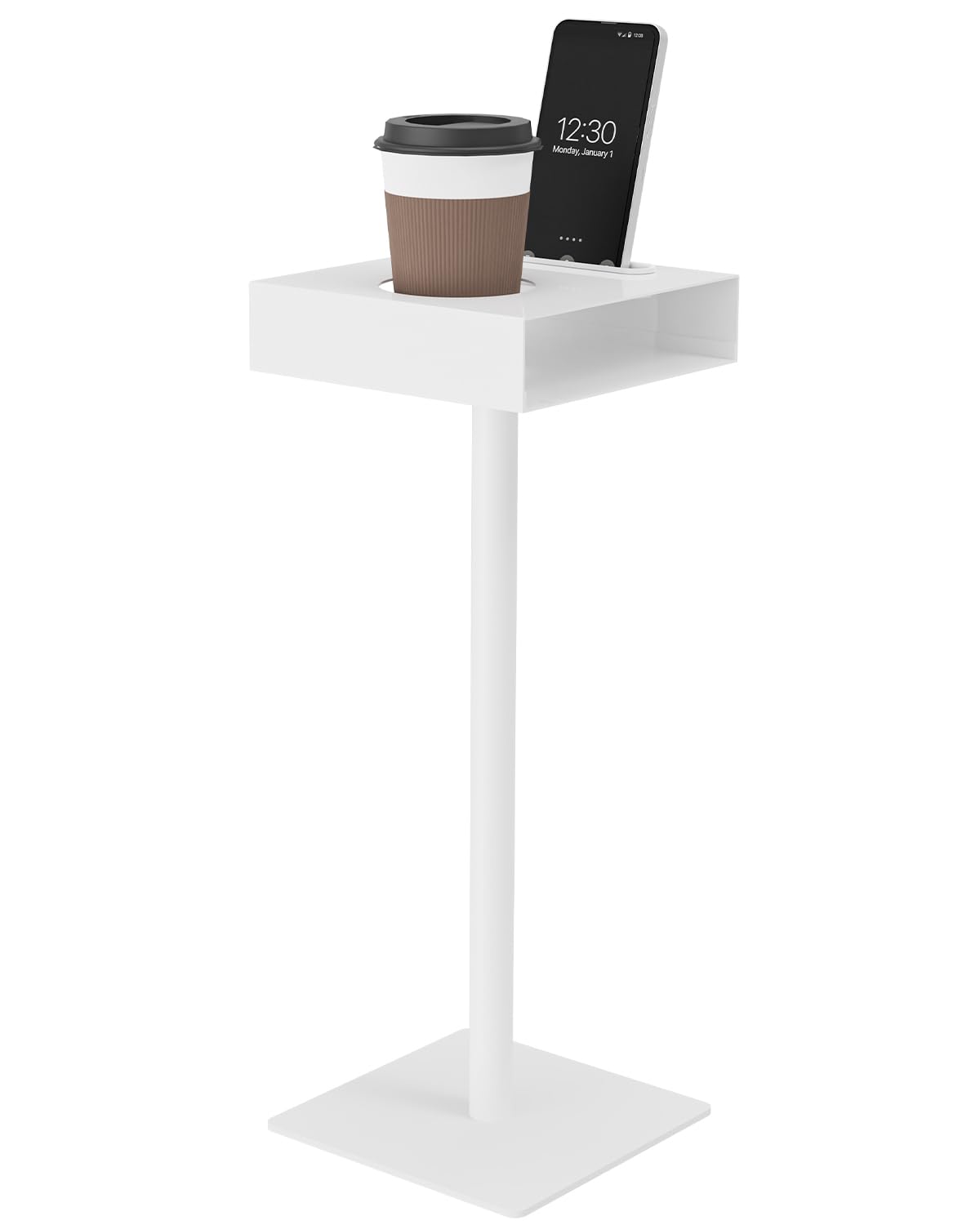 Yawinhe Lot de 1 Table d’appoint Métal,Carré Petite Table de Bout,Blanc | Table Basse Compacte pour Petits Espaces,Bout de canapé avec Fente, pour Téléphone Portable en Porte-coupe