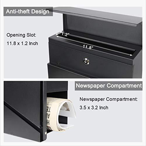 Image of Jssmst Locking Mailbox Wall Mount- Waterproof mailboxes with Secure Key Lock and Newspaper Compartment, Key Lock Drop Box Extra Large Capacity, 12.9 x 4.1 x 14.2 Inch, Black, SM-HPB932