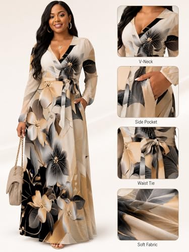 Image of PinkPatty Women's Long Sleeve Maxi Dress Plus Size Trendy Wedding Guest Wrap Dress with Pockets&Belt