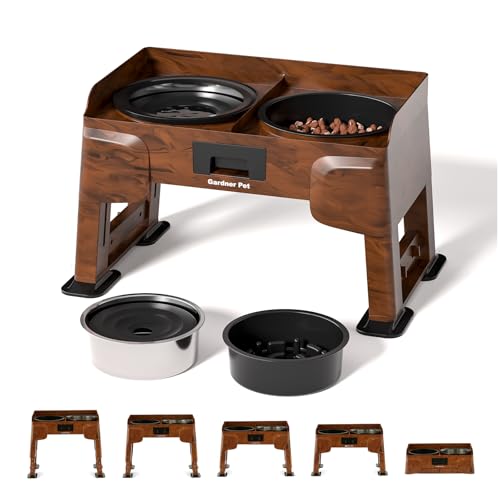 Gardner Pet Set di 2 Ciotole Rialzate per Cani, Regolabili in 5 Altezze, con Ciotola Anti-Ingozzamento e Ciotola Acqua Inox, Supporto Antiscivolo e Antischizzo, per Cani Medi e Grandi, Colore Legno