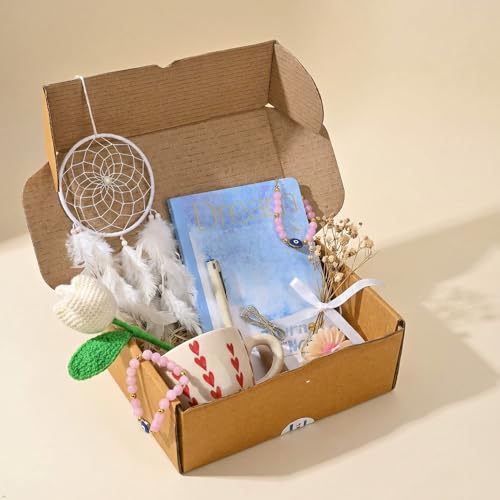 Image of The Urban Artistic Rakhi Gift Hamper for Sister, Birthday Gift, Unique Gift Items, Dreamcatcher, Daisy Candle, Ceramic Handpainted Cup, White Tulip Flower, A5 Notebook(Set of 7 Gifts)