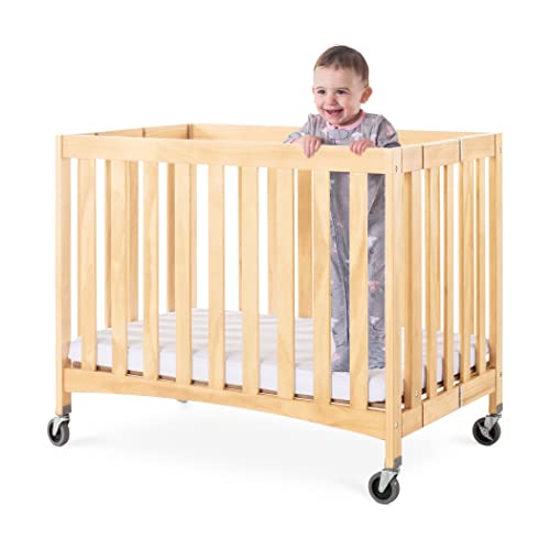 Foundations Travel Sleeper Compact Folding Wood Crib, 2" Foam Mattress And Oversized Casters, Natural Wood Finish #TOP4