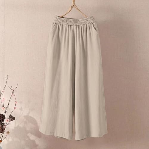 Ultra Wide Leg Linen Pants Casual Baggy Elastic Waist Cropped Pants Summer Boho Palazzo Trousers with Pockets2