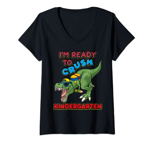 Mujer Listo para aplastar Kindergarten Boy Back to School Regalo T Rex Camiseta Cuello V