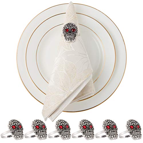 Juego de 6 anillos de servilleta de Halloween, diseño de calavera con ojos de corazón rojo para Halloween, fiestas, cenas, banquete, mesa de comedor, decoración de regalo Cover