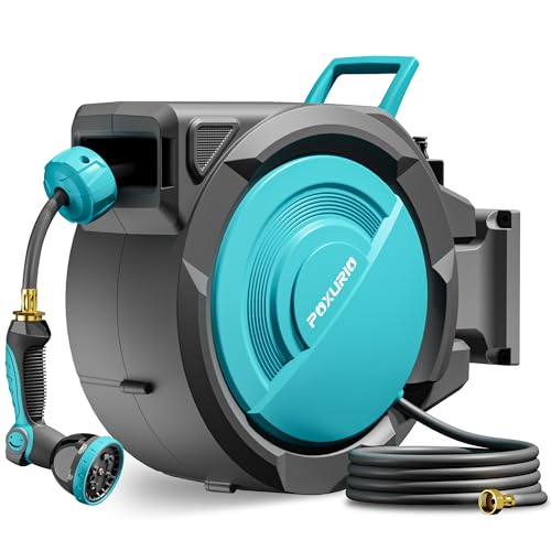 POXURIO 1/2' 150FT Retractable Garden Hose Reel, Wall Mounted Automatic Hose Reel with Upgraded 10 Pattern Nozzle/Any Length Lock/Slow Return System/180°Swivel Bracket, AquaBlue