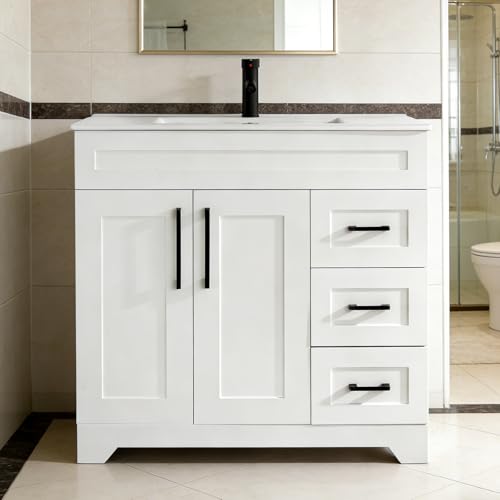 TONYRENA 36' Bathroom Vanity with Sink,Plywood Construction Cabinet,2 Soft Closing Doors & 3 Full Extension Drawers Without Faucet Drain and Mirror, White Color