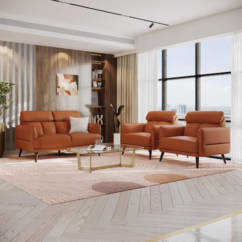 Image of Wakefit 4 Seater Modern Tan Leatherette Sofa Set | 5 Year Warranty | 2 Seater (L 1.5 m x W 90 cm x H 91 cm), 1 Seater (L 93 cm x W 90 cm x H 91 cm), 1 Ottoman