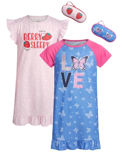 Sweet & Sassy Girls Nightgowns - 2-Piece Short Sleeve Night Gown Pajamas with Eye Mask Sleepwear Set for Girls (Size: 6-14)