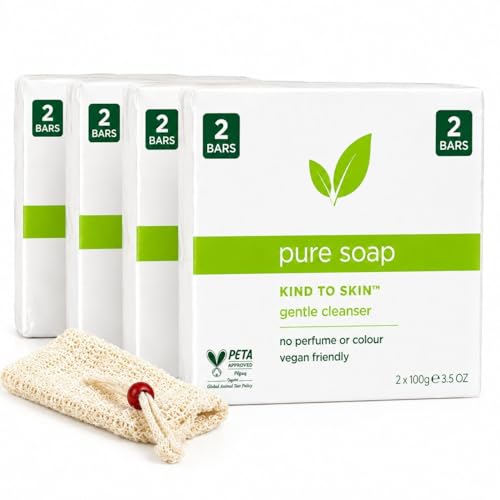 Simple Pure Soap 8 Bars (4 x Twin Packs); Exfoliating Soap bag - Pure & Gentle Soap Bar for sensitive skin No perfume & Free Hypoallergenic Soap Bar for Face Body Hands Gentle Cleanser Bundle