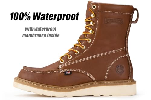 SUREWAY 8in Waterproof Moc Toe Work Boots for Men - Soft Toe,Premium Full-Grain Leather,Safety Wedge Work Boots/Shoes,Comfort Insole,Oil/Slip Resistant,GoodyearWelt,Industrial Construction TBCO2