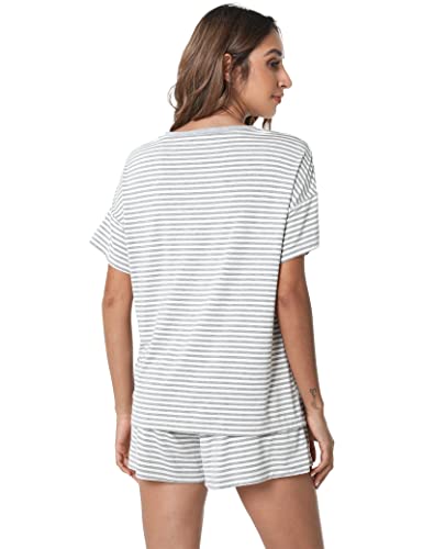 LazyCozy Striped Pajama Set for Women, Viscose Made from Bamboo, Short Sleeve Shirt with Sleep Shorts Soft PJ Set2