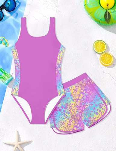 Image of Girls Swimsuit One Piece Swimsuits Color Block Bathing Suit for Girls Adjustable Strap Padded Swimwear with Shorts