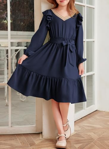 blibean Teen Girls Lace Neckline Dress Kids Semi Formal Long Sleeve Dresses Size 6-15 Years3