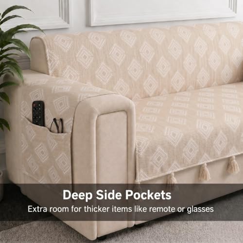 Image of STITCHNEST 'Verdant Rekhika Stories' 2 Seater Sofa Cover | Full Coverage with Armrest Pockets | Elegant Jacquard Fabric, Decorative Tassels, Washable & Durable for Modern Living