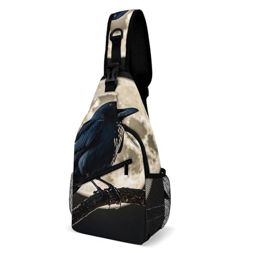 Bolsa de hombro con diseño de cuervo y luna llena, mochila ligera de pecho para ciclismo