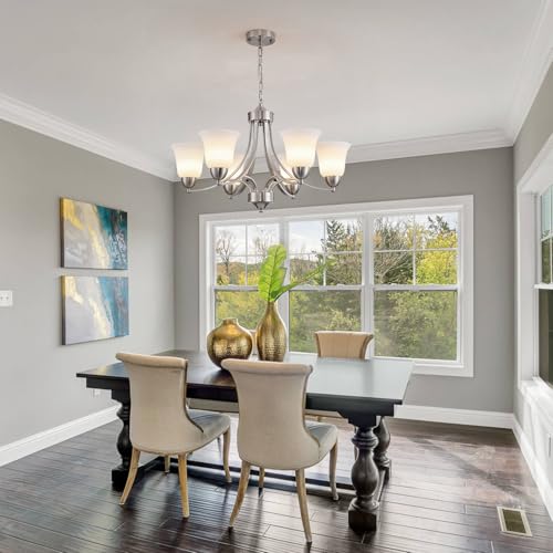 Image of 6 Lights Brushed Nickel Dining Room Light Fixture Farmhouse Modern Chandelier Pendant Light Silver Adjustable Ceiling Hanging Lighting with Frosted Glass for Kitchen Island Living Room Foyer