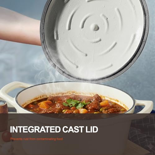 Image of Overmont Enameled Cast Iron Dutch Oven - 5.5QT Pot with Lid Cookbook & Cotton Potholders - Heavy-Duty Cookware for Braising, Stews, Roasting, Sourdough Baking White
