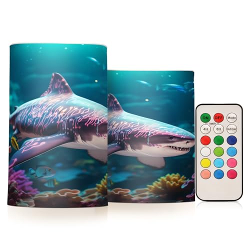 ALAZA Shark (3) Flickering Flameless Candles Battery Operated with Remote Timer,Tea Light Candles LED Pillar Votive Candles Set of 2 for Outdoor Indoor Decorations
