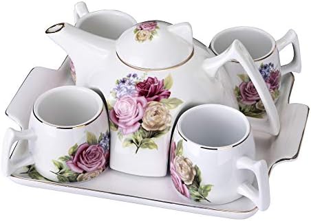 Best Flower Porcelain Tea Set, Modern Style, Large Tea Pot, 4 Cups with Tray