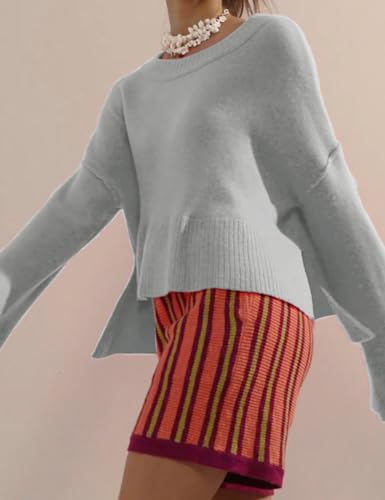 Image of Womens Lightweight Sweaters Crewneck Bell-Style Sleeve Batwing Knit Tops Slouchy Soft Pullover Jumpers(Grey02-X-Small)