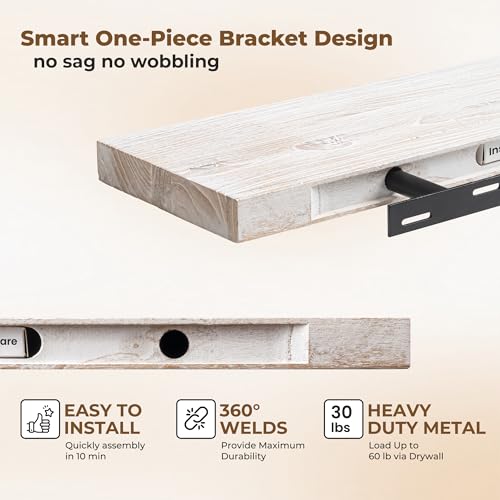 Image of Floating Shelves for Wall, 36in Reclaimed Elm Wood Shelves, White, 2PCs | 8in Deep Rustic Solid Elm Wood Wall Shelves for Storage, Wall Mounted, Invisible Metal Bracket