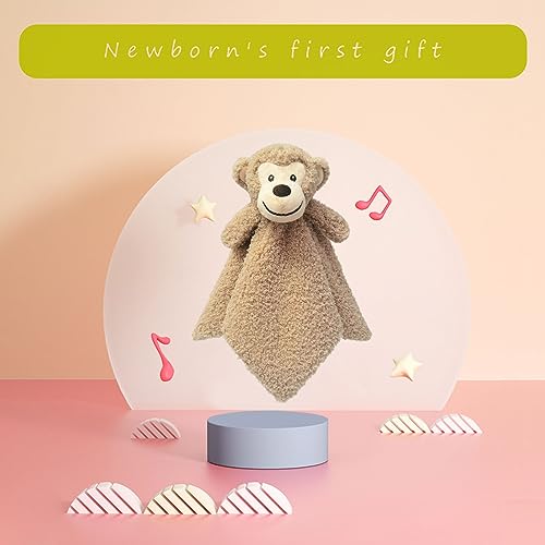 Image of Baby Light Brown Monkey Soft Stuffed Animal Security Blanket, Plush Monkey Character Lovey Blanket, Baby Shower /Nursery Gift, Newborn Infant Toddler Snuggle Blankie for Kids, 14 Inches